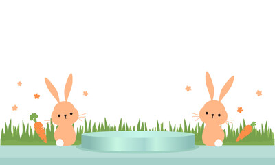 Bunny rabbit cartoons, carrot, cute flower, green grass and stage podium on white background vector.