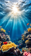 Naklejka premium A mesmerizing view from beneath the ocean surface, capturing the interplay of light filtering through water. The low-angle perspective evokes a sense of depth, mystery, and vastness