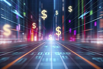 Fototapeta premium Futuristic abstract scene of shifting financial landscapes with blurred charts, floating currency glyphs, and neon streaks