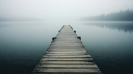 Misty Lake Dock, Still Water, Foggy Day