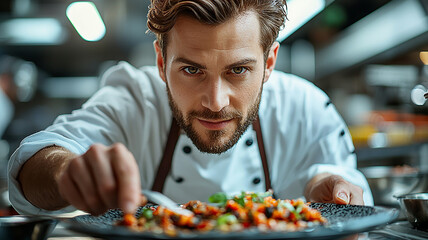 A skilled cook in a pristine white apron adds the final touches to a gourmet dish in a modern kitchen. The scene highlights culinary expertise and the art of food presentation in a professional kitche