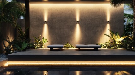 Modern Minimalist Outdoor Lounge at Night with Warm Lighting and Tropical Plants