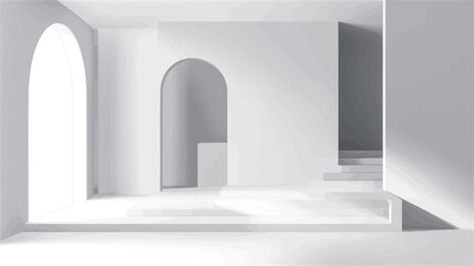 The image depicts a digitally rendered minimalist interior space.  The scene is entirely monochromatic in various shades of white and light gray. The walls are smooth and feature several