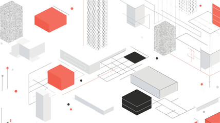 The image is a digital illustration featuring an abstract isometric cityscape. It consists of various grey and light grey isometric buildings and shapes, interspersed with two prominent