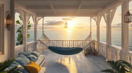 Serene Ocean Sunset View from a Hammock on a White Porch