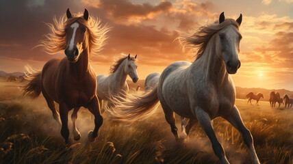 Obraz premium horse running in the fire background with smoke. (golden hour) 