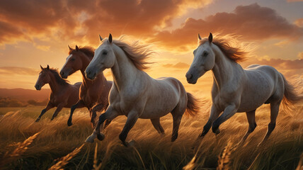 Obraz premium horse running in the fire background with smoke. (golden hour) 
