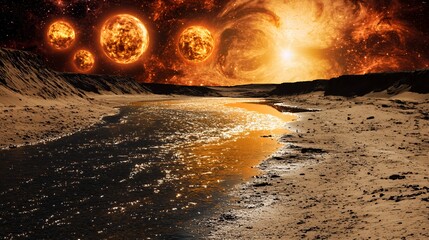 Alien Planet Landscape with Orange Nebula and River
