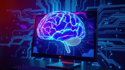 Artificial intelligence brain represented on computer screen with digital circuit background and keyboard.