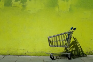 A Shopping Cart Stands Alone Against a Green Textured Wall