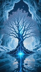 Mystical Winter Tree Glowing with Blue Energy in Frozen Cave Landscape Fantasy Art