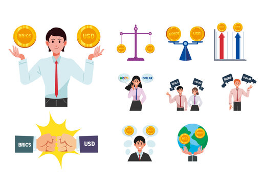 Colorful BRICS Versus Dollars Economic Comparison Illustration Set