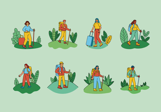 Colorful Nature Hiking Camping Eco Tourism Icons Set