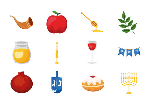 Colorful Jewish Culture Hanukkah Rosh Hashanah Illustration Set