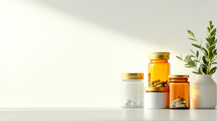 Three jars filled with pills sit on a clean surface next to a small plant, bathed in soft natural light against a neutral background.