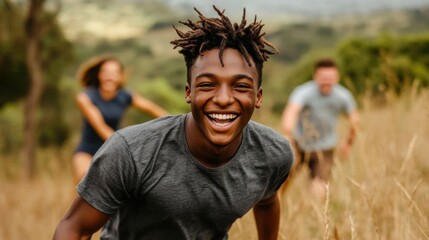 Fototapeta premium Happy Young Boy Running in a Field with Friends in Nature