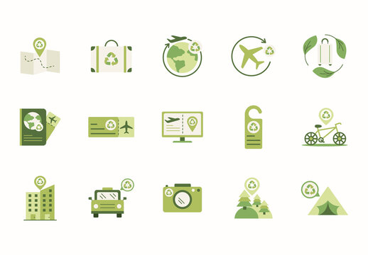 Green Sustainable Travel Eco Friendly Tourism Icons Set