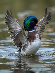 Obraz premium Bucephalus alveolar (bufflehead drake duck) spreading wings and flicking off water in a pond showing both green and purple iridescence on head and perfect white feather detail