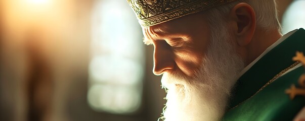 Orthodox Christian patriarch with long white beard in golden crown and green robe. Closeup profile of elderly religious leader. Christmas, Easter, Epiphany service concept.
