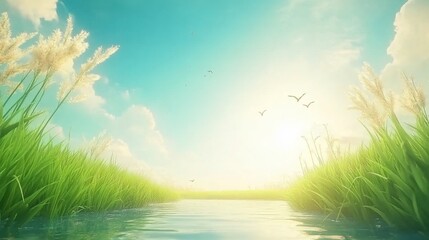 Fototapeta premium Serene sunrise over tranquil river, reeds, birds