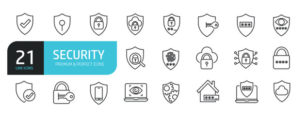 Set of line icons related to security, protection defense. Outline icons collection. Editable stroke. Vector illustration