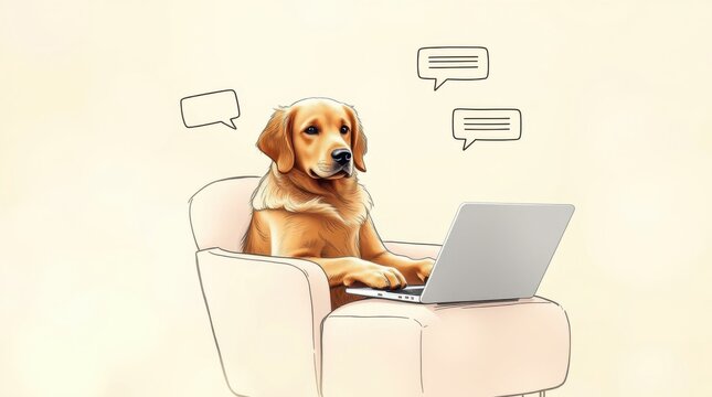 Golden retriever sits in a chair using a laptop with speech bubbles floating above. Cute animal theme.