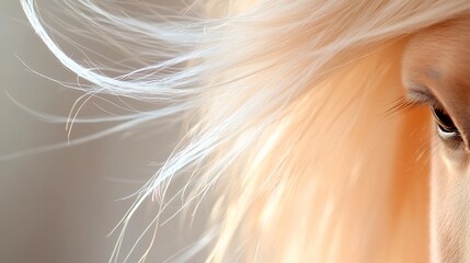 Palomino horse's eye, mane blowing in wind