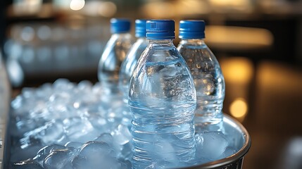 Chilled water bottles on ice, indoors