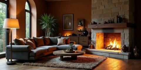 Relaxing Evening in a Cozy Living Room with a Warm Fireplace and Soft Lighting