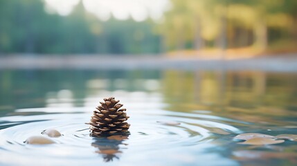 Pine cone floats on calm autumn lake