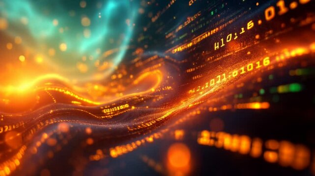 Abstract Digital Wave of Binary Code Data Flowing in Orange and Teal