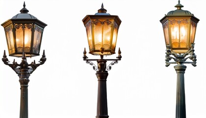 Collection of ornate vintage street lamps with glowing lights urban decor 