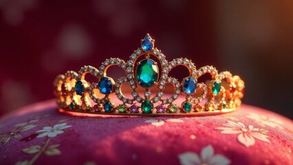Fototapeta premium A resplendent jeweled crown rests gently upon a plush velvet surface, capturing the warm glow of sunlight