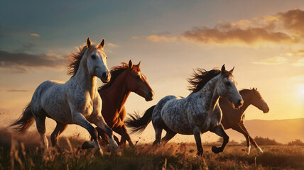 horse running in the fire background with smoke. (golden hour)	
