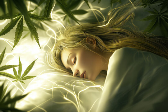 Cannabis cannabinol. Hemp oil wellness. CBD therapy. THC pharmacology extract organic. Cannabinol's effects on sleep and calming energy waves depicted in an image.