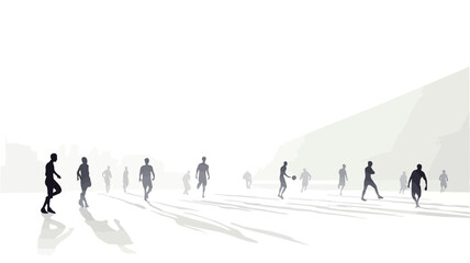 The image is a monochrome photograph depicting multiple human figures walking in a dense fog or mist. The figures are rendered as dark silhouettes against a bright white background, lacking
