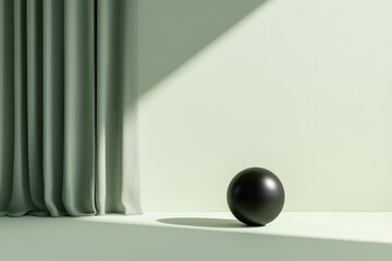 A simple room with curtains and a singular dark sphere