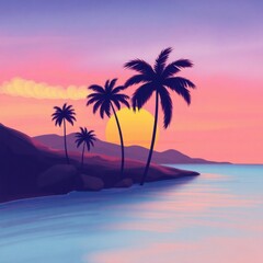 Tropical sunset with silhouetted palm trees, mountains, and reflective ocean. Relaxing beach scene.
