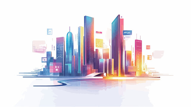 Stylized illustration of a city skyline. The image features various buildings depicted in a vibrant, abstract style with gradient colors.  Buildings are rendered with sharp edges and smooth