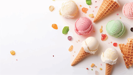 High-angle, close-up view of several scoops of different colored ice cream in waffle cones and loose scoops arranged on a white background.  The ice cream is pastel-colored, suggesting