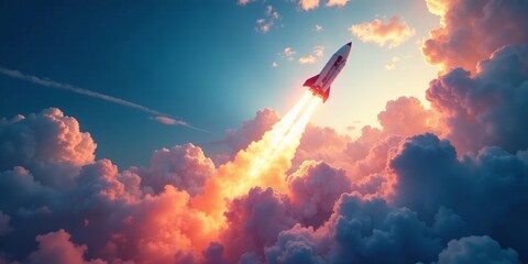 A Powerful Rocket Ascends Through a Dramatic, Colorful Sky, Leaving a Fiery Trail of Innovation and Progress