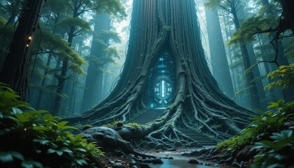 Mystical Forest Gateway Ancient Tree Roots Enveloping a Glowing Portal Entrance in a Dreamlike Setting
