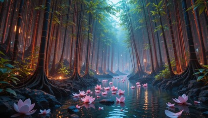 Obraz premium Enchanting Bamboo Forest Stream Pink Lotus Flowers Digital Art Fantasy Nature Scene
