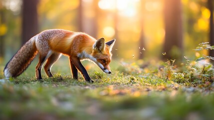 Red fox hunting at sunset in autumn forest