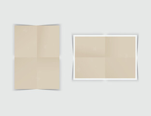 Grunge folded paper posters mockup with crumpled wrinkled texture and shadow isolated on background. Distressed edge paper leaflet template for presentation artwork, picture, ads, banner. Vector
