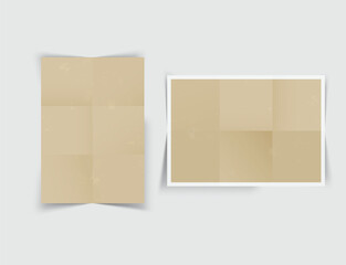 Grunge folded paper posters mockup with crumpled wrinkled texture and shadow isolated on background. Distressed edge paper leaflet template for presentation artwork, picture, ads, banner. Vector
