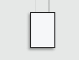 Realistic blank hanging paper posters mockup with shadow on wall isolated on background. Design poster template for presentation artwork, picture, advertising, banner, exhibition. Vector illustration
