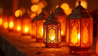 Ramadan lanterns glowing warmly in a row, creating a festive, spiritual atmosphere at night