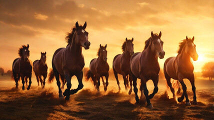 Fototapeta premium horse running in the fire background with smoke. (golden hour) 