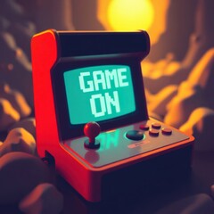 Retro Gaming: An eye-level shot of a vintage arcade game, illuminated in a warm and nostalgic ambiance.